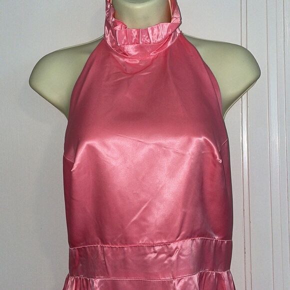 Vtg 70s pink satin halter ruffle neck party/prom dress with matching jacket - Picture 3 of 7